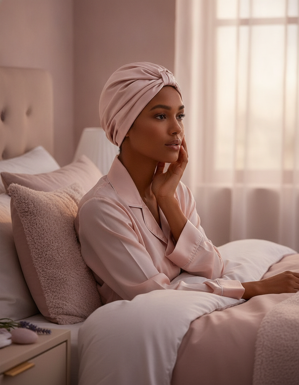 A woman with smooth, healthy hair wears a pure silk sleeping bonnet in a soft, elegant bedroom at dawn.