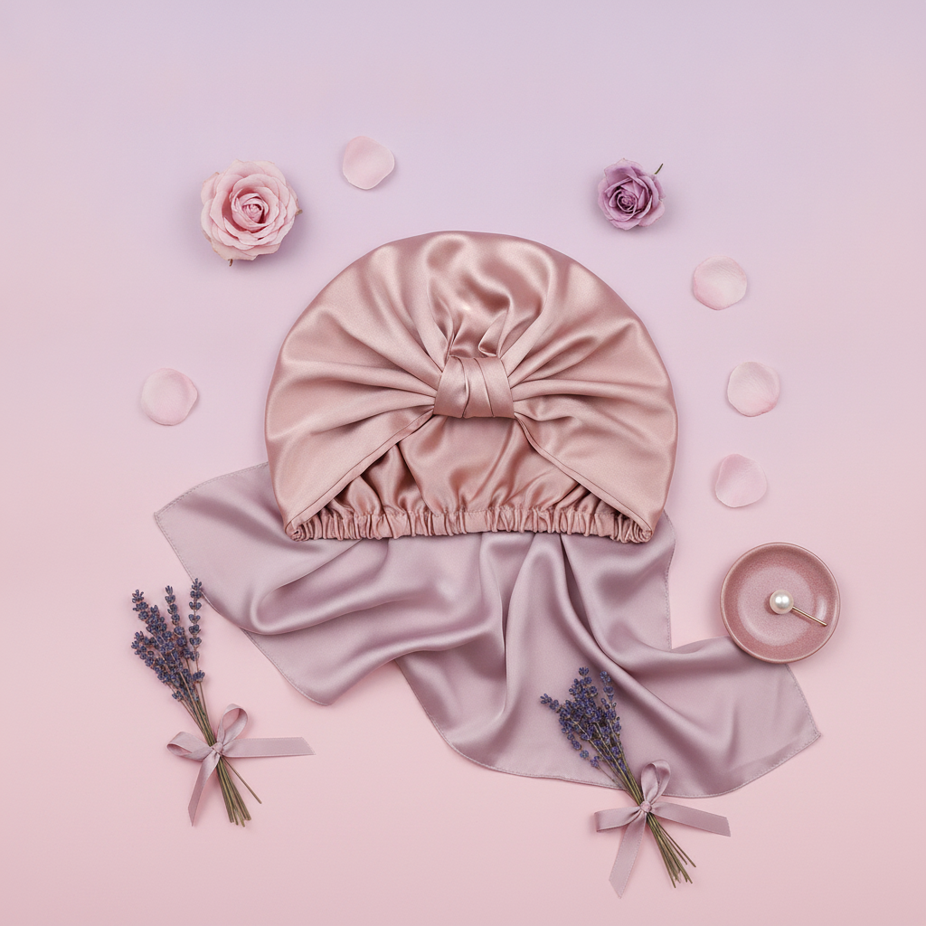 A pure silk sleeping bonnet, centered on a soft gradient background of blush pink, pale mauve, and soft lavender.