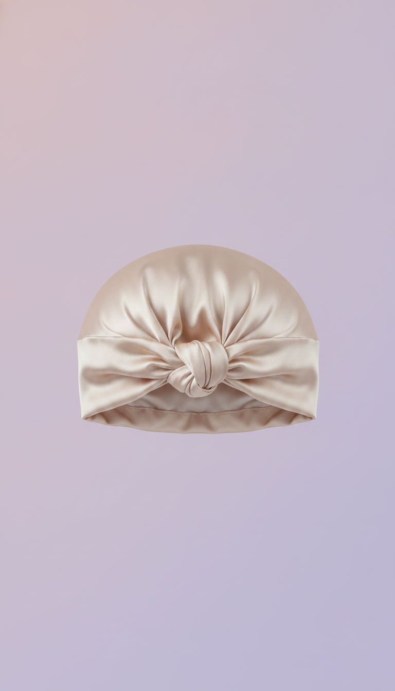A close-up portrait shot of a luxurious, smooth, pure mulberry silk sleeping bonnet, centered against a soft gradient backgro