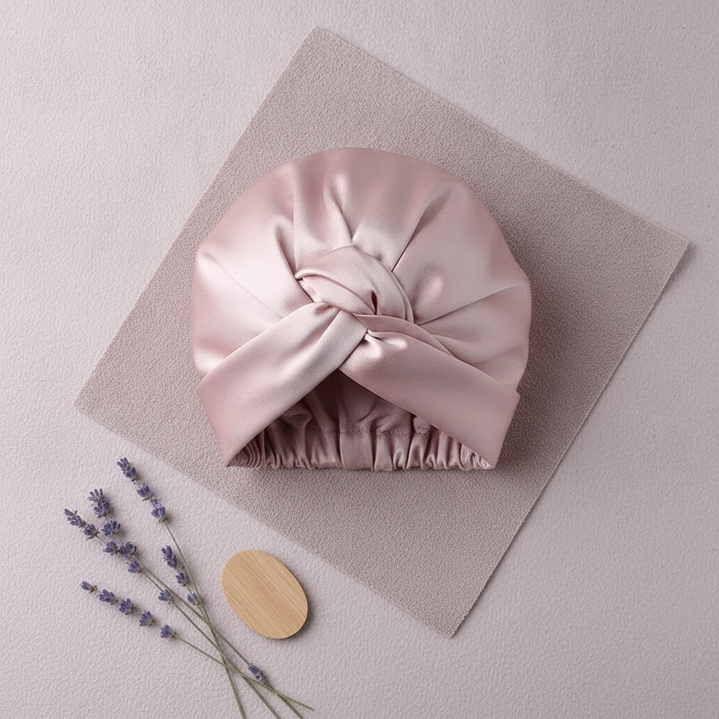 A blush pink silk sleeping bonnet rests on a pale mauve fabric swatch, surrounded by dried lavender and a small wooden tag, c