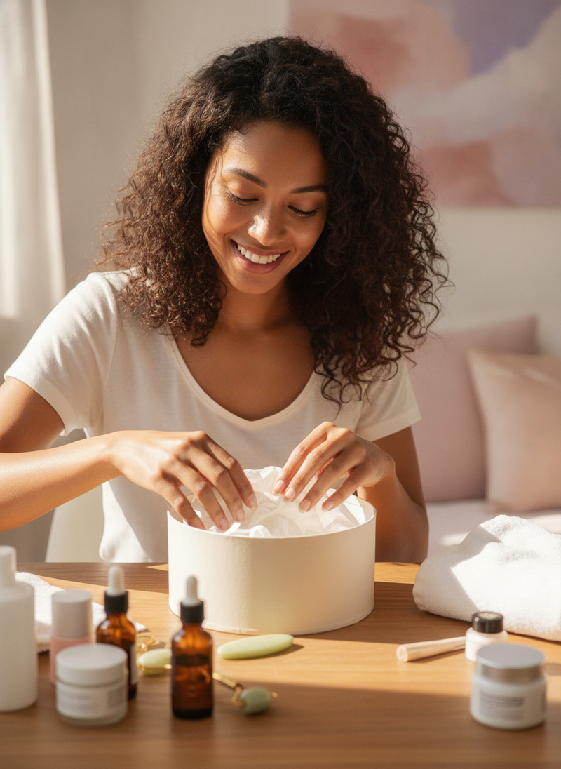 A smiling woman unboxes a pure silk sleeping bonnet on a vanity next to skincare products, bathed in natural morning light.