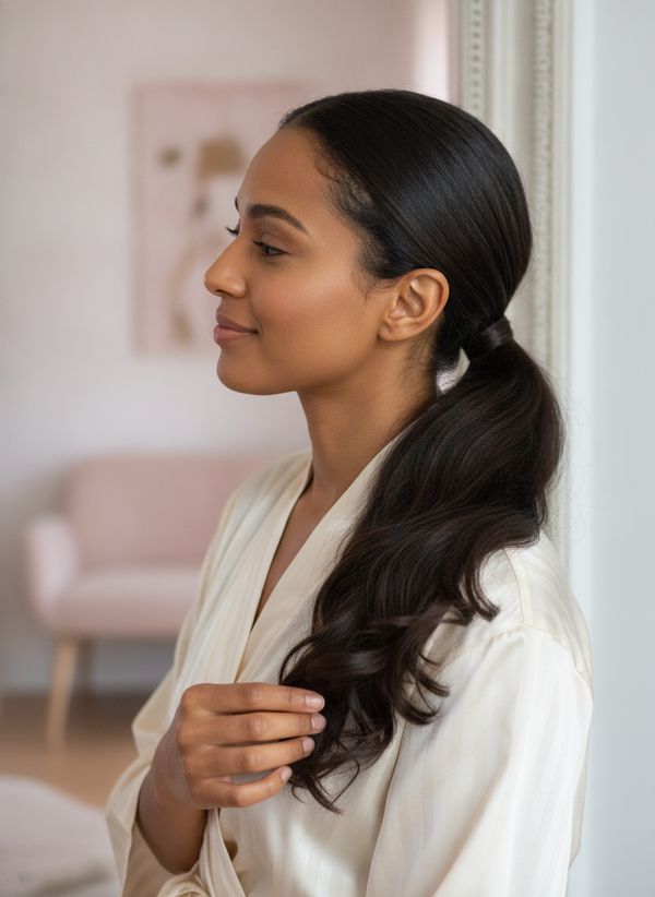 A woman with a chic low ponytail, her hair visibly lustrous and smooth, demonstrating the results of using a silk sleeping bo